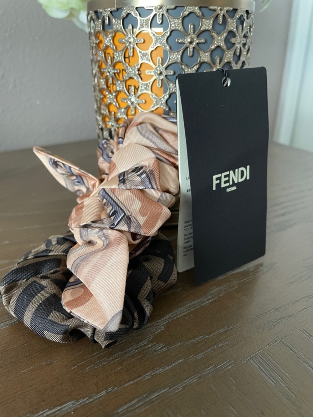 Fendi Beige & Brown Logo Silk Scrunchie Duo